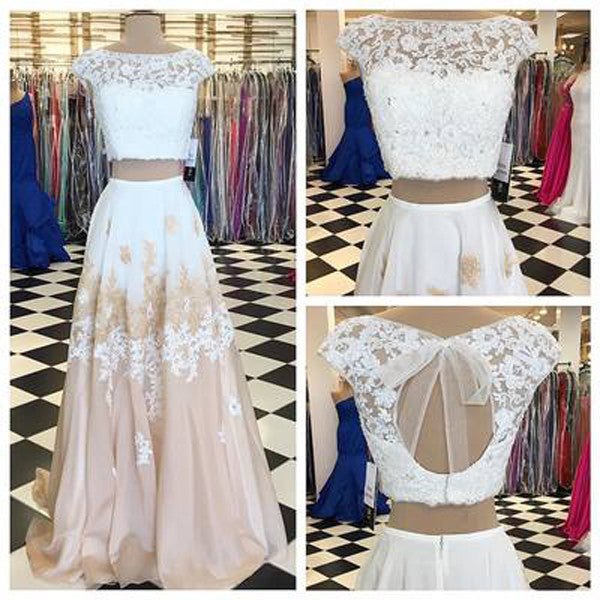Two Piece Boat Sleeveless Lace Appliques Floral Key Hole Back Prom Dresses