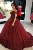 Burgundy Ball Gown Off-the-Shoulder Tulle Quinceanera Gown with Appliques