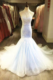 Charming White Strapless Floral Organza Long Train Tulle Mermaid Wedding Dresses