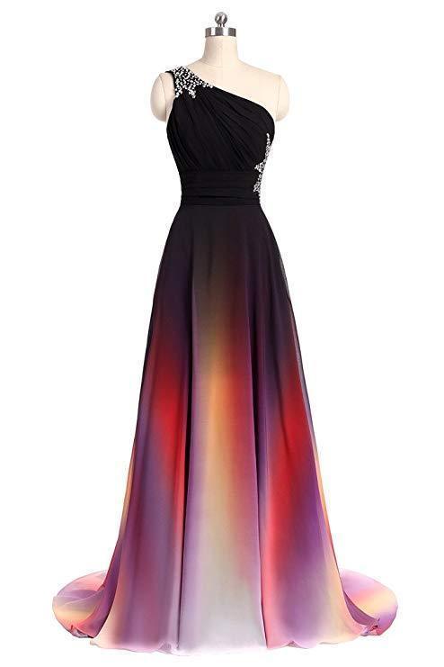 One Shoulder Ombre Chiffon Prom Dresses Lace up A Line Beads Ruffles Prom Gowns
