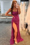 Fuchsia Shiny Sequins Evening Party Dresses Mermaid Long Prom Dresses