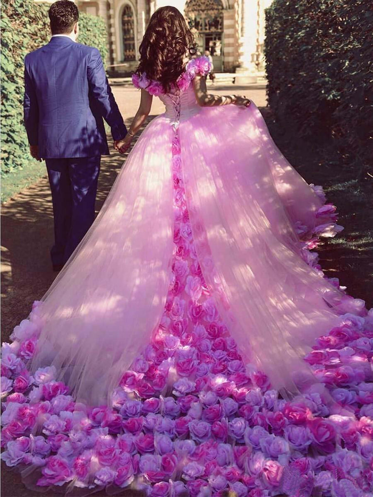 Pink Cathedral Off the Shoulder Ball Gown Vintage 3D Flower Applique Wedding Dresses PW379