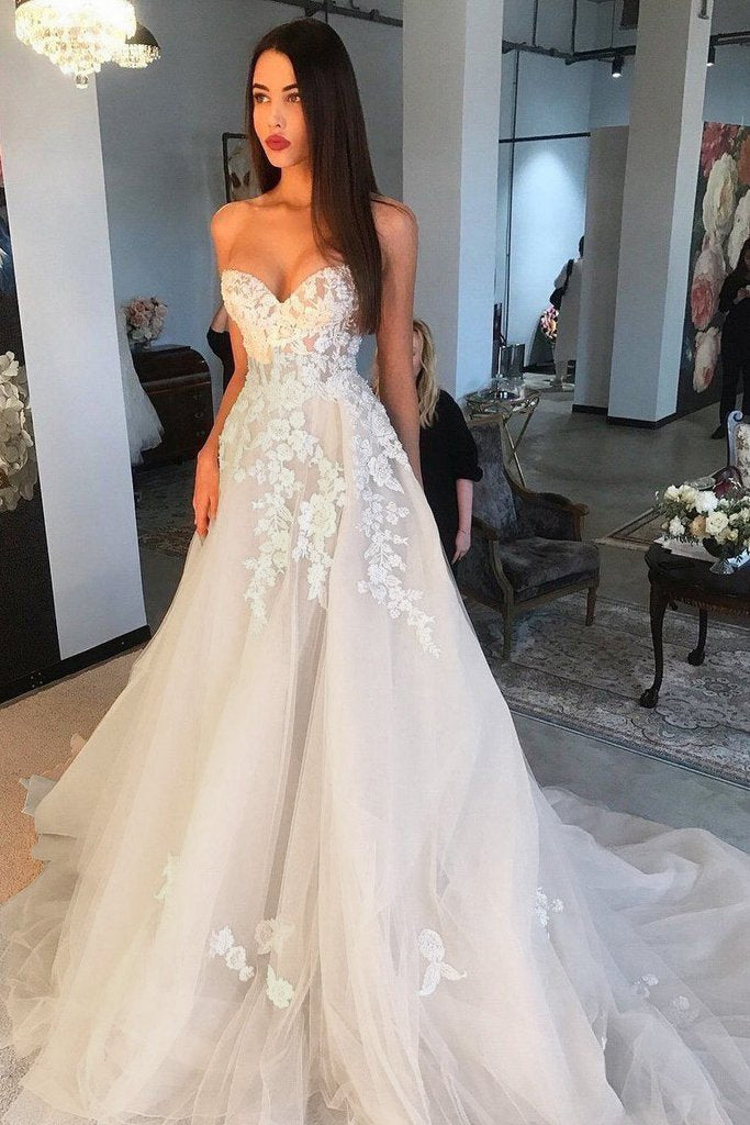 Princess A Line Sweetheart Tulle Lace Applique Ivory Wedding Dress, Long Bridal Dresses PW921