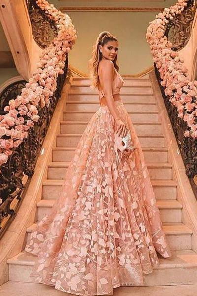 Princess Halter Backless Pink Lace Prom Dresses Two Piece Floral Formal Dress uk PW438