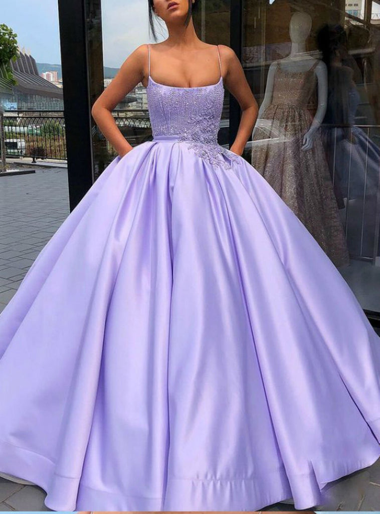 Purple Ball Gown Spaghetti Straps Satin Sweet 16 Dress With Pocket Quinceanera Dress