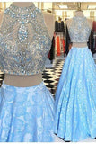 Light blue lace two pieces beading A-line prom