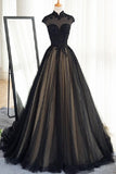 Black tulle cap sleeves floor-length long prom dresses luxury dresses