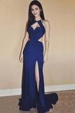 Sexy blue chiffon slit long backless evening dress long prom