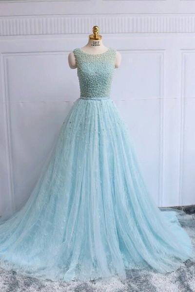 Light blue tulle beading round neck A-line prom