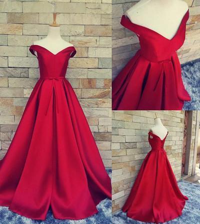 Simple Ball Gown Off The Shoulder Sweetheart Red Satin Fitted Corset Prom Dresses