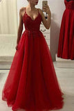 Red A Line Spaghetti Straps Beads Tulle Evening Dresses V Neck Long Prom Dress