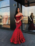 Red Mermaid Long V Neck Prom Dresses Off the Shoulder Evening Party Dresses PW472