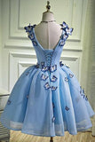 A Line Sky Blue V Neck Lace up Junior Cute Homecoming Dress with Butterfly Flowers