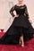 A Line Bateau Long Sleeves Lace Asymmetrical Satin Black Plus Size Prom Dresses