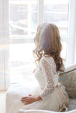 Scoop Neck Long Sleeve Tulle Wedding Dress With Lace Bodice V Back Wedding Gowns