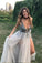 Sexy A Line Rhinestone Beaded High Slit Tulle Grey Long Deep V Neck Prom Dresses PW415