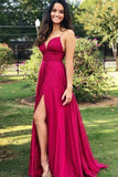 Sexy Fuchsia Pink Side Slit Long Spaghetti Straps V Neck Prom Dresses with Ruched Top