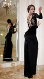 Sexy Mermaid Black Long Sleeve High Slit Prom Dresses Lace Satin Party Dresses