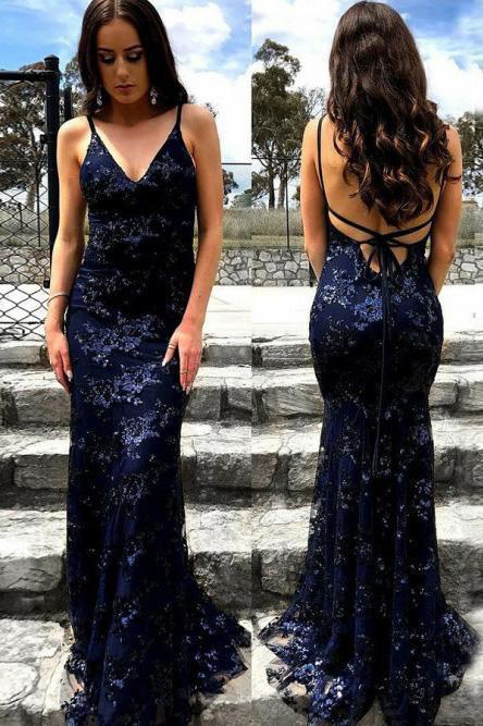 Sexy Mermaid Spaghetti Straps Lace Backless Navy Blue Prom Dress Long Evening Dresses