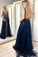 Sexy Navy Blue Tulle Sequins V Neck Prom Dresses Long Backless Formal Prom Dress