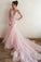 Sexy Pink Tulle Mermaid Wedding Dresses Backless V Neck Lace Bodice Bridal Dresses