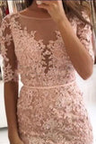 Sheath Pink Lace Appliques Beads Homecoming Dresses with Half Sleeve Prom Dresses