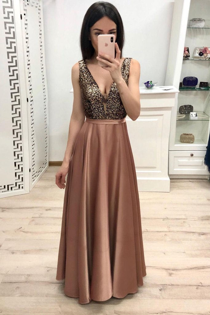 Simple A Line Long V Neck Brown Prom Dresses With Beads Cheap Party Dresses