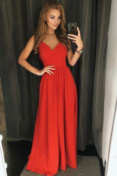 Simple A Line Red Spaghetti Straps V Neck Backless Prom Dresses Long Party Dresses
