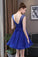 Simple Blue Tulle Backless Homecoming Dresses with Lace Graduation Dresses