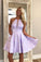 Simple Lilac Jacquard Floral Homecoming Dresses with Pocket Halter Graduation Dresses