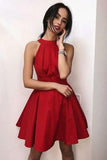 Simple Red Halter Satin Homecoming Dresses Above Knee Sleeveless Cocktail Dresses