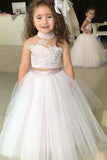 Simple Two Piece Ball Gown Halter Blush Pink Flower Girl Dresses with Appliques PW881