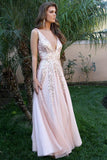 Simple  V Neck Long A-line Pink Sequins Open Back Simple Flowy Prom Dresses uk PW405
