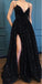 A Line Spaghetti Straps Black Sparkle Long Prom Dresses with Pockets V Neck Sequins Slit