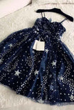 Spaghetti Straps Navy Blue Tulle Sweetheart Homecoming Dresses Short Prom Dresses