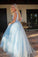 Sparkly Deep V Neck Long Beaded Backless Light Blue Prom Dresses Cheap Party Dress