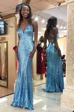 Stunning Mermaid Blue Prom Dresses Backless Spaghetti Straps Party Dresses