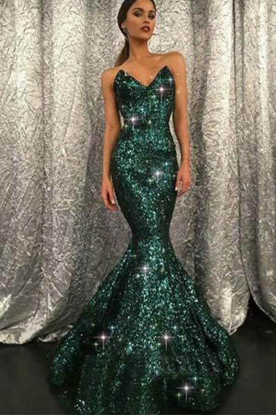 Sweetheart Mermaid Green Long Prom Dresses Strapless Sleeveless Evening Dresses PW471