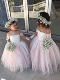 Cute Off the Shoulder Long Sleeve Pink Lace Appliques Tulle Flower Girl Dresses