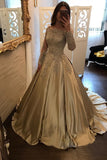 Satin Ball Gown Gold Long Sleeves Scoop Lace Appliques Beads Floor Length Prom Dresses