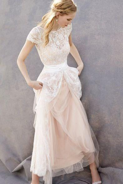 Lovely Blush Pink Tulle Lace Bridal Dress Cap Sleeves Sleeveless Wedding Dress