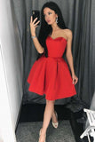 Unique A line Red Homecoming Dresses with Strapless Sweetheart Satin Prom Dresses