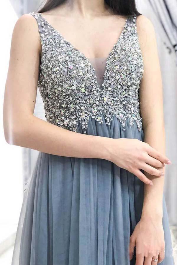 Unique Grey Beads Long Prom Dresses V Neck Tulle Cheap Evening Dresses