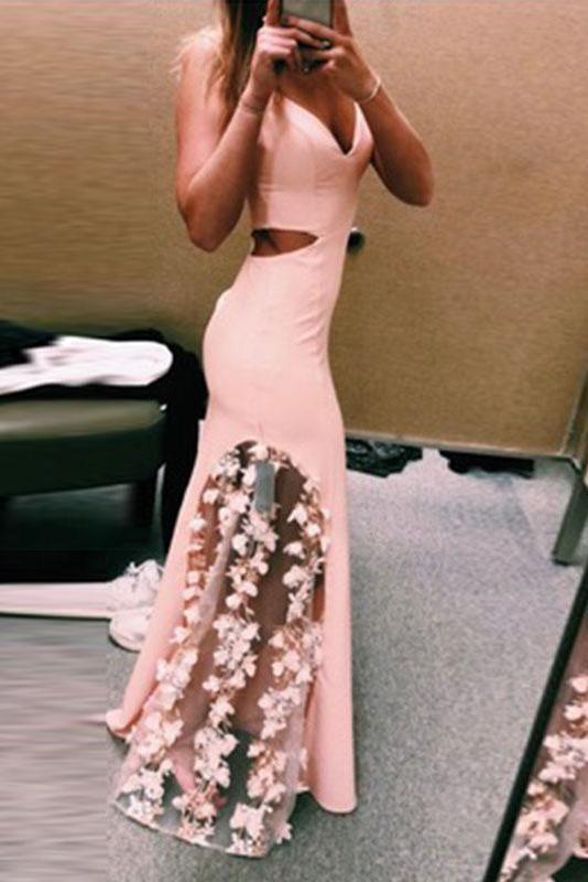 Unique Pink Lace Satin Mermaid Long Prom Dresses V Neck Cheap Evening Dresses
