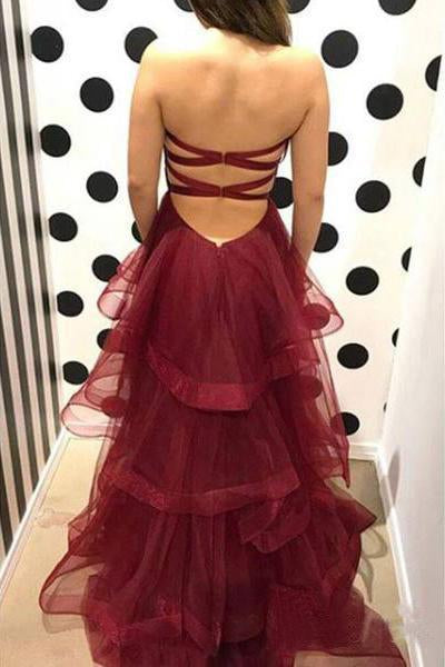 Unique Sweetheart Burgundy Ruffles Organza Layered Skirt Prom Dresses