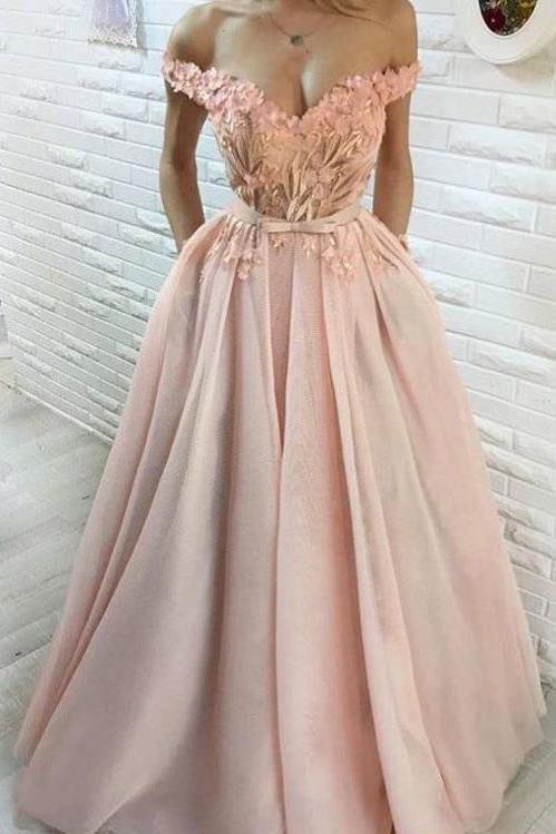 A Line Hand-Made Flower Long Off the Shoulder Sweetheart Prom Dresses with Pockets PW256