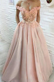 A Line Hand-Made Flower Long Off the Shoulder Sweetheart Prom Dresses with Pockets PW256