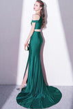 2022 Elegant Green Off Shoulder Two-Piece Slit Mermaid Bateau Prom Dresses