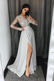 Stylish A-Line V-Neck Long Sleeves Split Front Gray Chiffon Long Prom Dresses