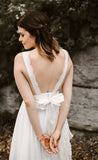 V Neck Chiffon Backless Ivory Straps Wedding Dresses with Lace Long Bridal Dresses